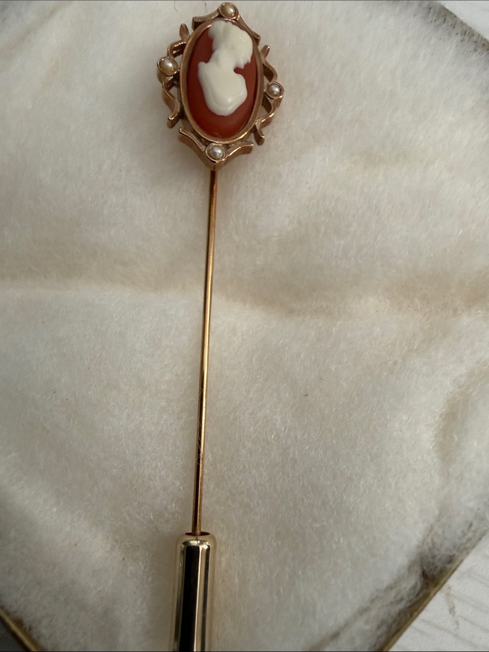 Gold Cameo Stick Pin with White carved shell and Rust-Red Cameo